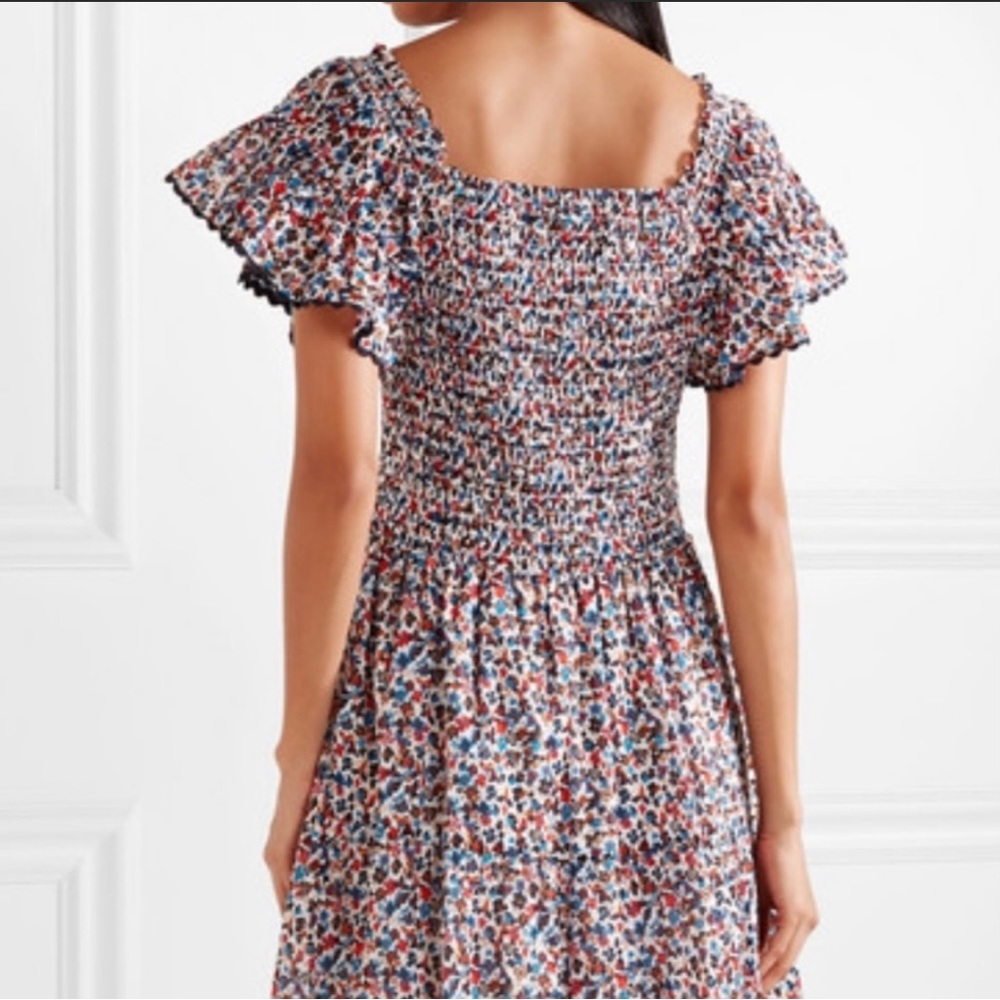 Tory Burch Wildflower Floral Tiered Off shoulder Smoked Navy piping Midi Dress S - Picture 4 of 17